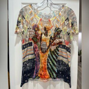 Marie Claire Artistic Afrocentric Graphic Top Boho Tribal Lace Open Back Detail